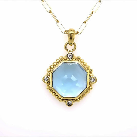 Necklace-Pendant blue topaz with 6 side diamonds on paperclip chain - Gaines Jewelers