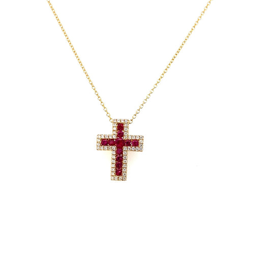 Necklace ruby diamond cross 14kt yellow gold - Gaines Jewelers