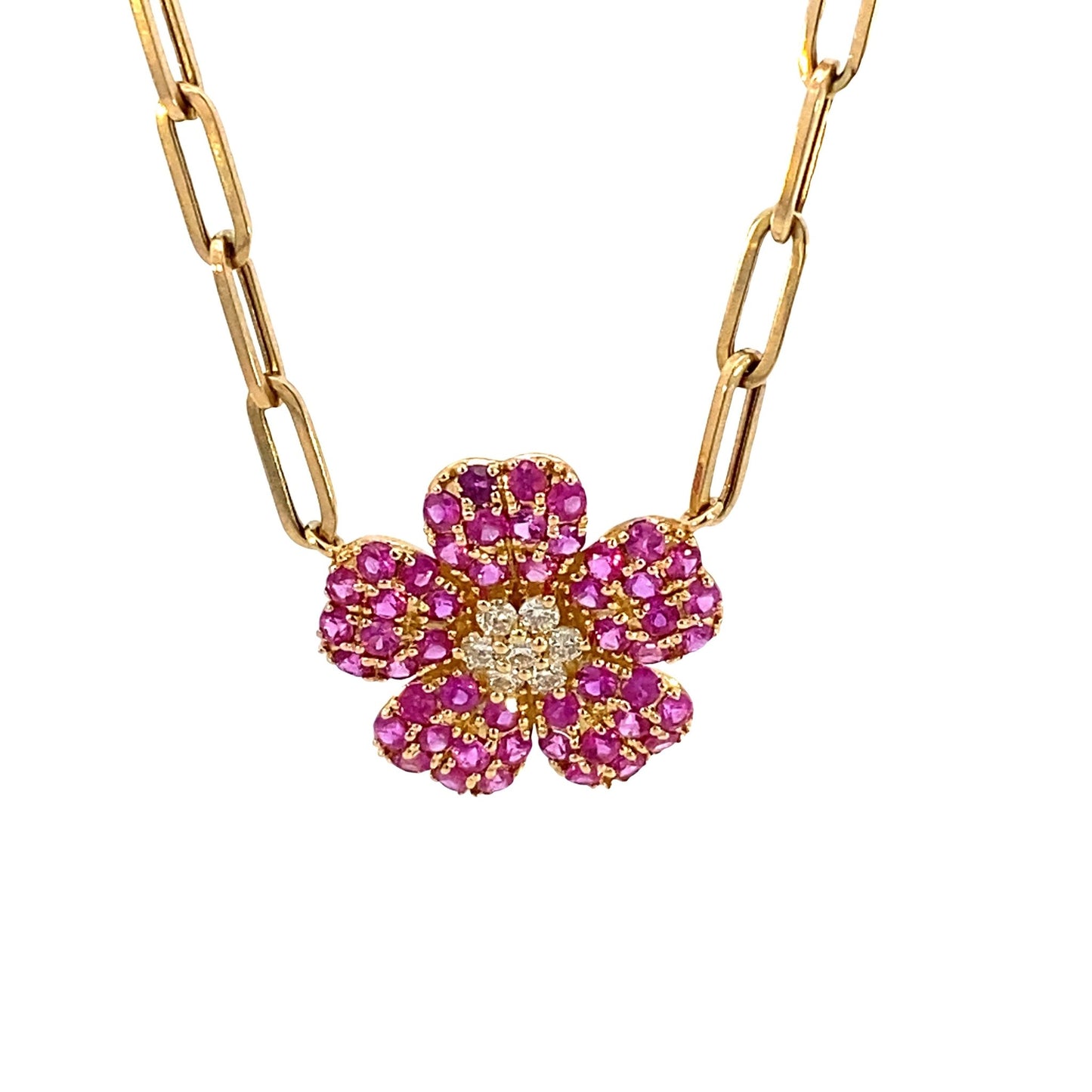 Necklace ruby floral with diamond cluster paperclip chain - Gaines Jewelers