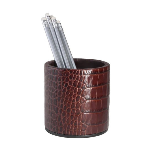 Pencil Cup Brown Crocodile Embossed Leather - Gaines Jewelers