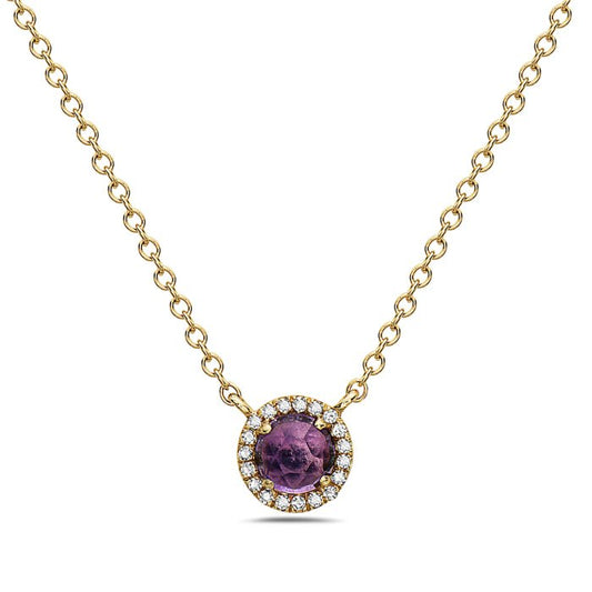 Pendant amethyst with diamond halo fixed on chain 14kt yellow gold - Gaines Jewelers