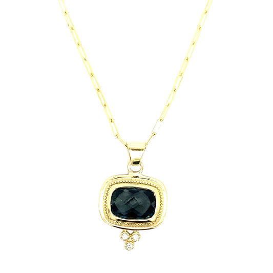 Pendant blue topaz in decorative bezel, diamonds at top, paperclip chain 14k yellow gold - Gaines Jewelers