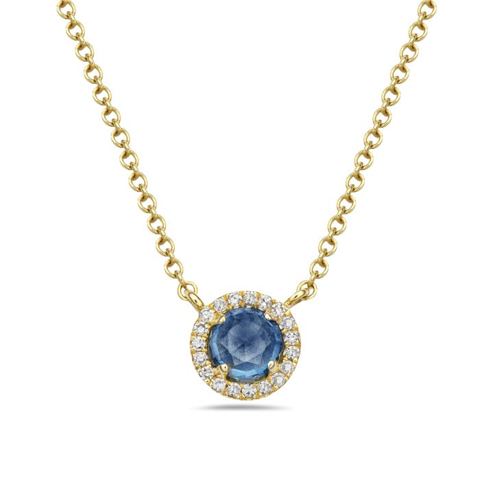 Pendant blue topaz with diamond halo fixed on chain 14kt yellow gold - Gaines Jewelers