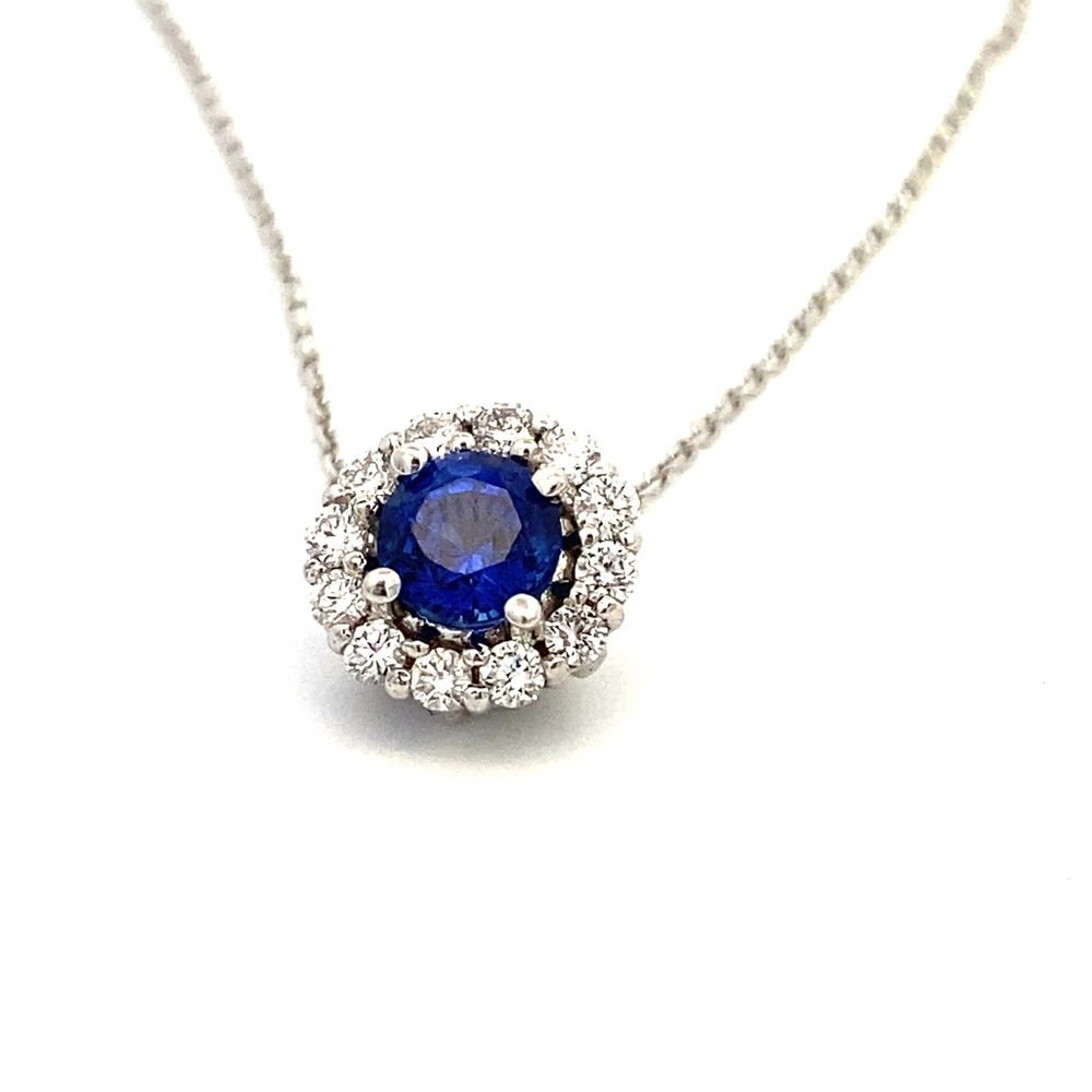 pendant sapphire with diamond halo 14kt white gold - Gaines Jewelers