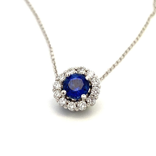 pendant sapphire with diamond halo 14kt white gold - Gaines Jewelers