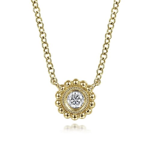 Pendant solitaire tiny diamond with bead border 14kt yellow gold - Gaines Jewelers