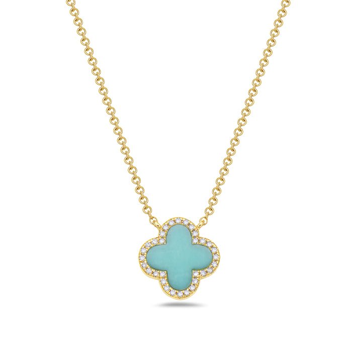 Pendant turquoise quatrefoil with diamond halo yg - Gaines Jewelers