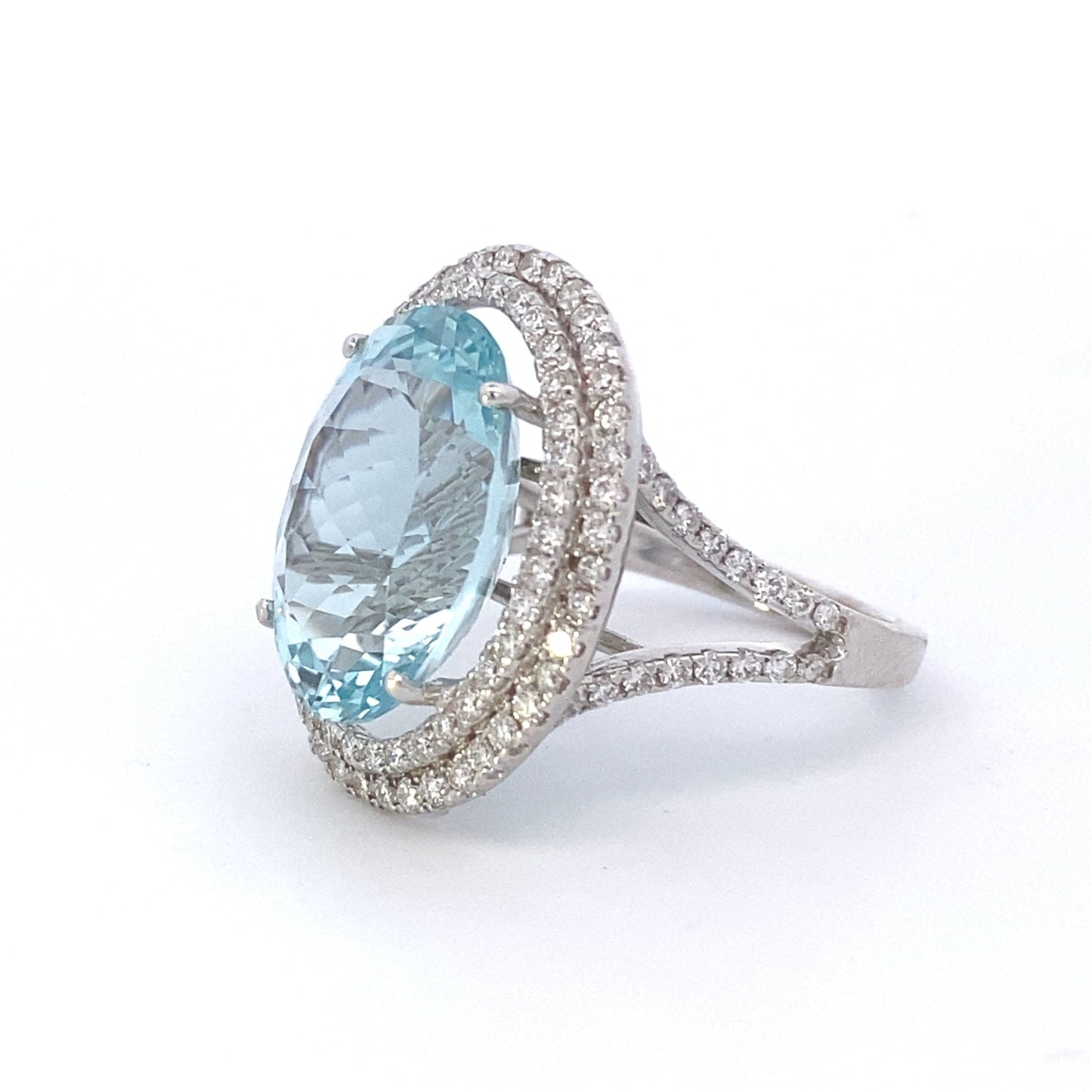 Ring- 14k wg Oval Aquamarine with double diamond halo - Gaines Jewelers