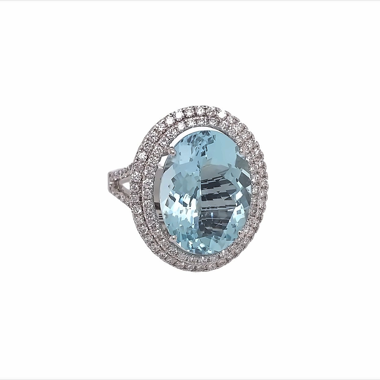 Ring- 14k wg Oval Aquamarine with double diamond halo - Gaines Jewelers