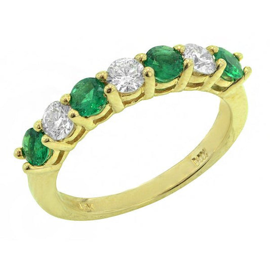 Ring- 14K Yellow Gold Emerald and Diamond Anniversary Ring - Gaines Jewelers