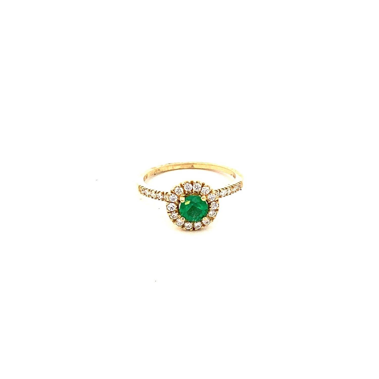 Ring- 14k Yellow Gold Emerald with diamond Halo and shank 1 dia halo shank - Gaines Jewelers