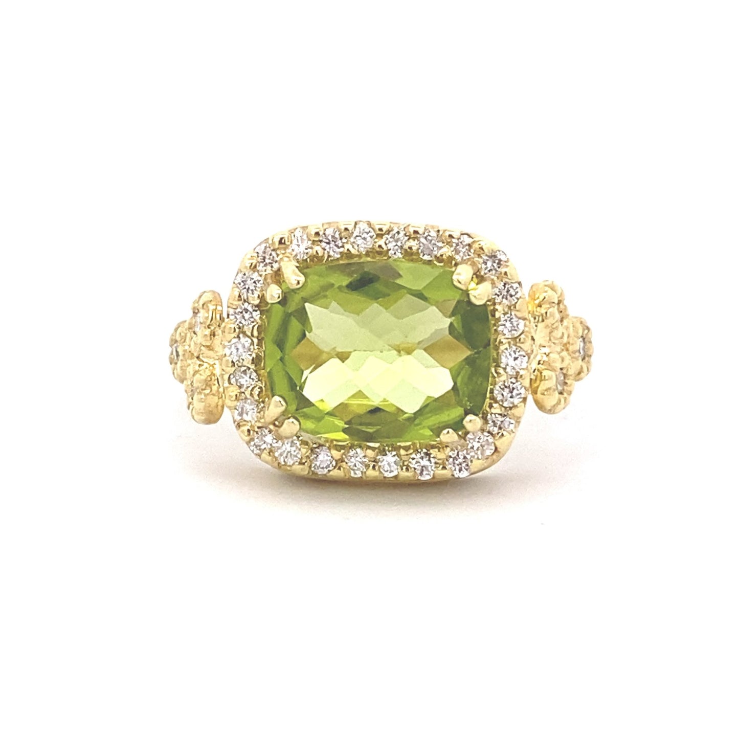 Ring- 14k yellow gold peridot diamond halo shank - Gaines Jewelers