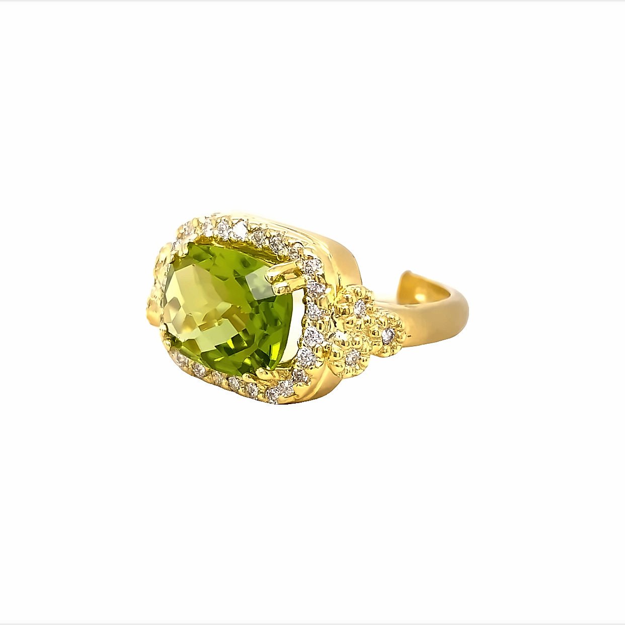 Ring- 14k yellow gold peridot diamond halo shank - Gaines Jewelers