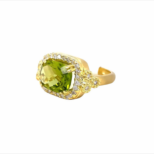 Ring- 14k yellow gold peridot diamond halo shank - Gaines Jewelers