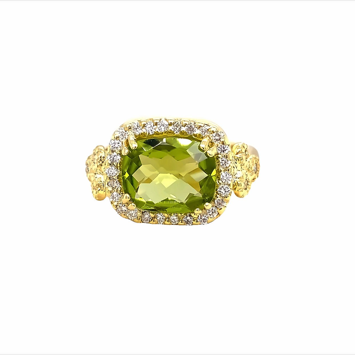 Ring- 14k yellow gold peridot diamond halo shank - Gaines Jewelers