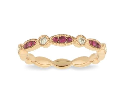 Ring-14k Yellow Gold Ruby and Diamond Ring with beaded edge - Gaines Jewelers