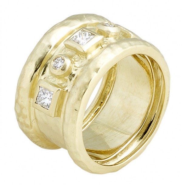Ring- 14k yg hammered wide band w/diamond accents - Gaines Jewelers
