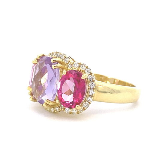Ring-14k yg topaz lavender pink top 3 stone diamond - Gaines Jewelers