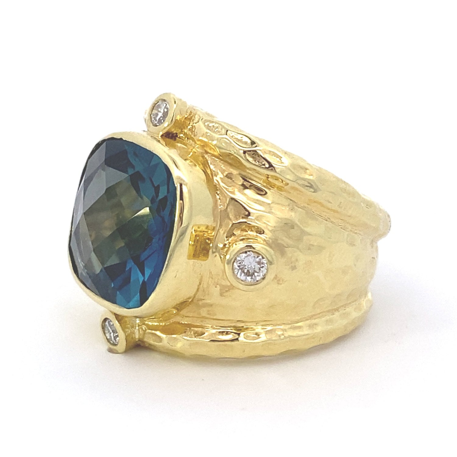 Ring-14kt Hammered Yellow Gold w/ Large Cushion London Blue with diamond accents at NSEW - Gaines Jewelers
