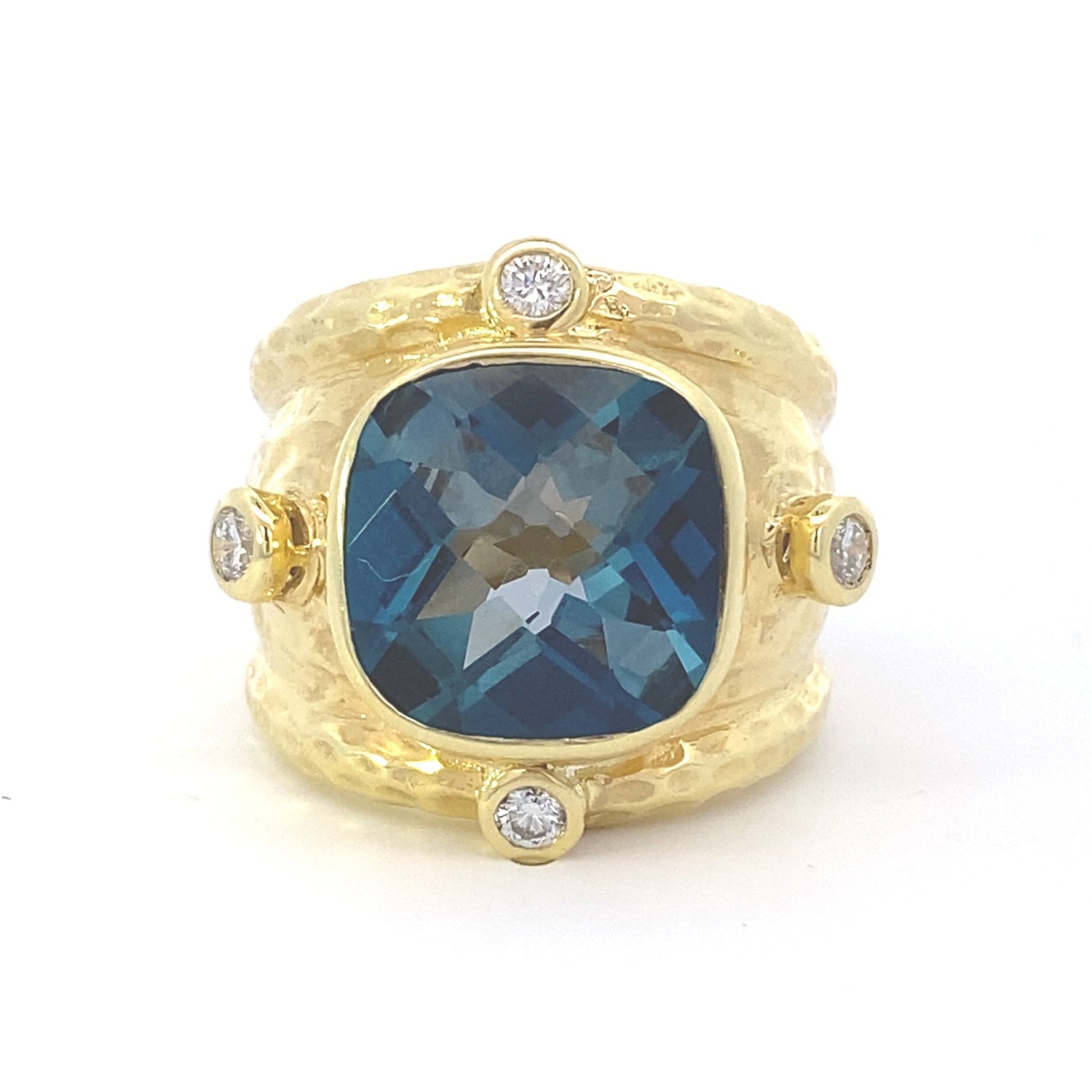 Ring-14kt Hammered Yellow Gold w/ Large Cushion London Blue with diamond accents at NSEW - Gaines Jewelers