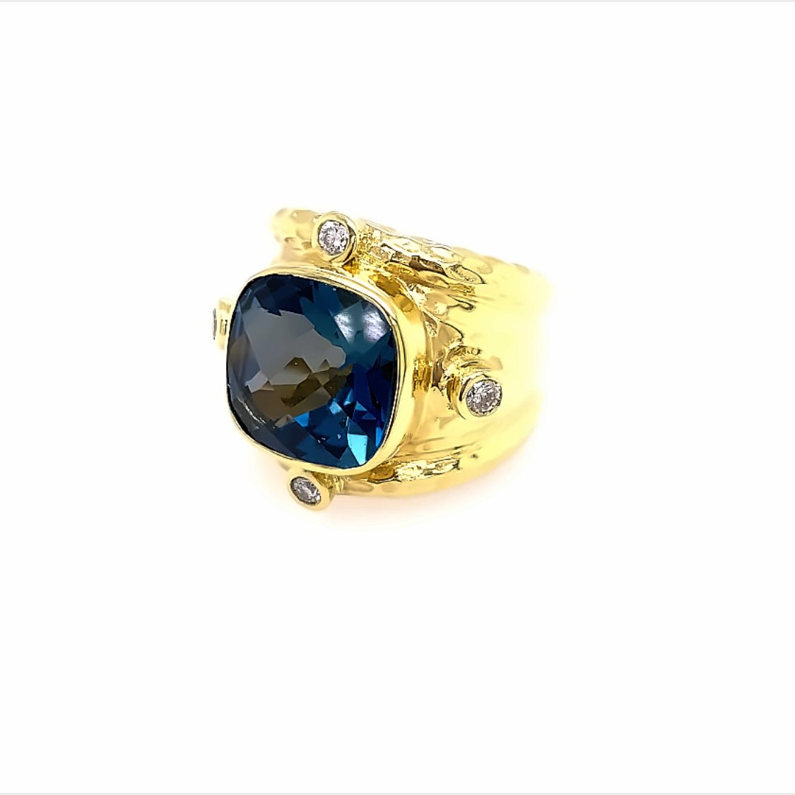 Ring-14kt Hammered Yellow Gold w/ Large Cushion London Blue with diamond accents at NSEW - Gaines Jewelers