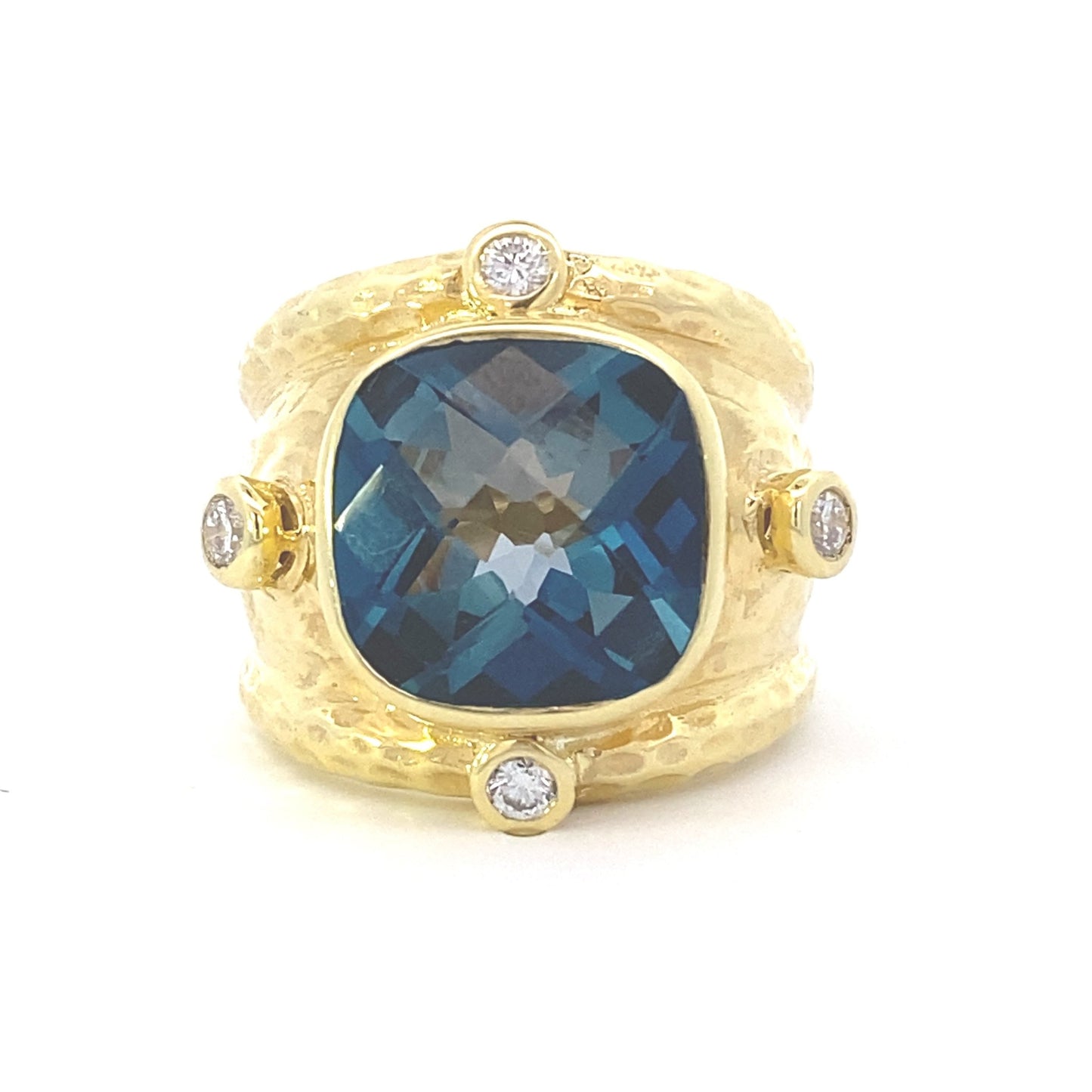 Ring-14kt Hammered Yellow Gold w/ Large Cushion London Blue with diamond accents at NSEW - Gaines Jewelers