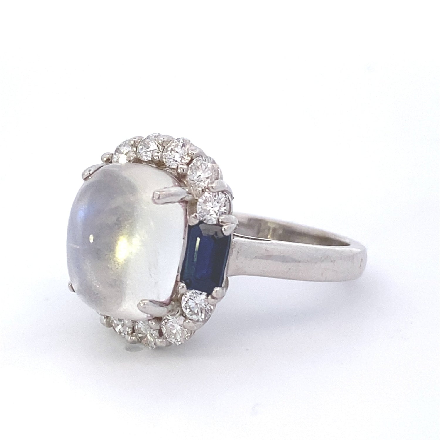 Ring- 14kt wg Rainbow moonstone Sapphire and Diamond Ring - Gaines Jewelers