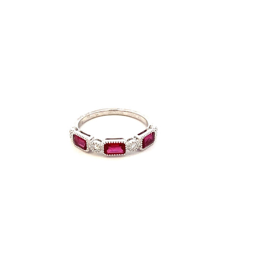 Ring- 18k White Gold Diamond and Emerald Cut ruby 3 - Gaines Jewelers