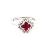 Ring- 18k White Gold ruby diamond halo clover white gold - Gaines Jewelers