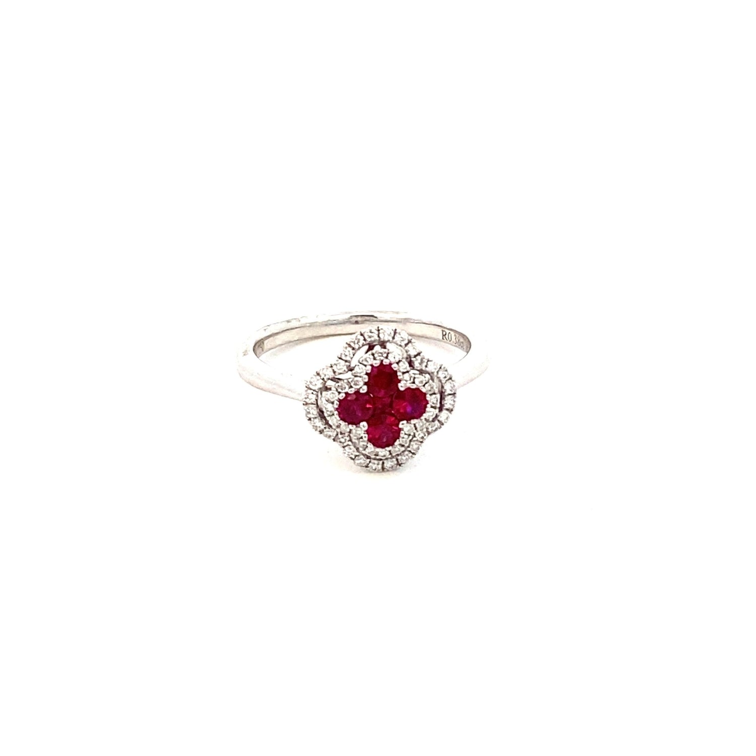 Ring- 18k White Gold ruby diamond halo clover white gold - Gaines Jewelers