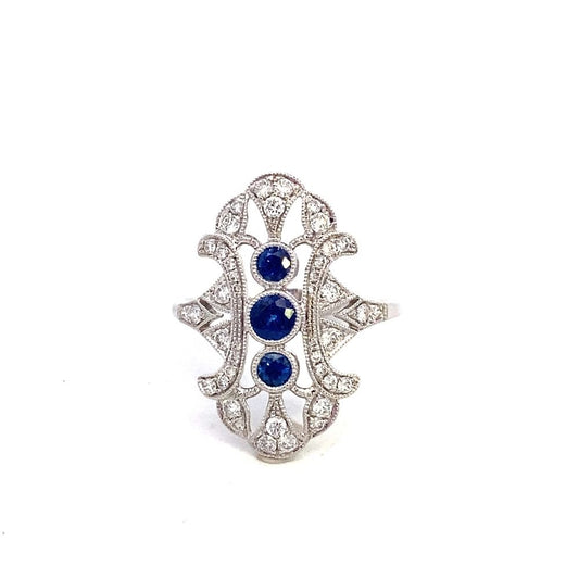 Ring- 18k White Gold Sapphire diamond filigree vintage style ring - Gaines Jewelers