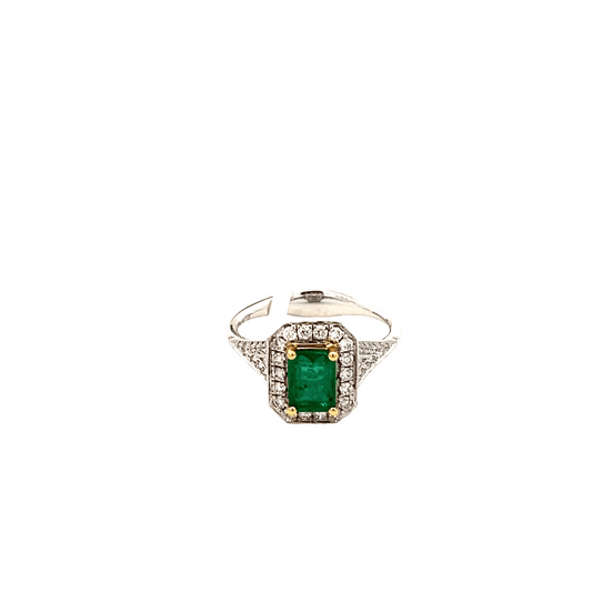 Ring- 18K White/Yellow Gold Emerald and Diamond Rectangular Design - Gaines Jewelers