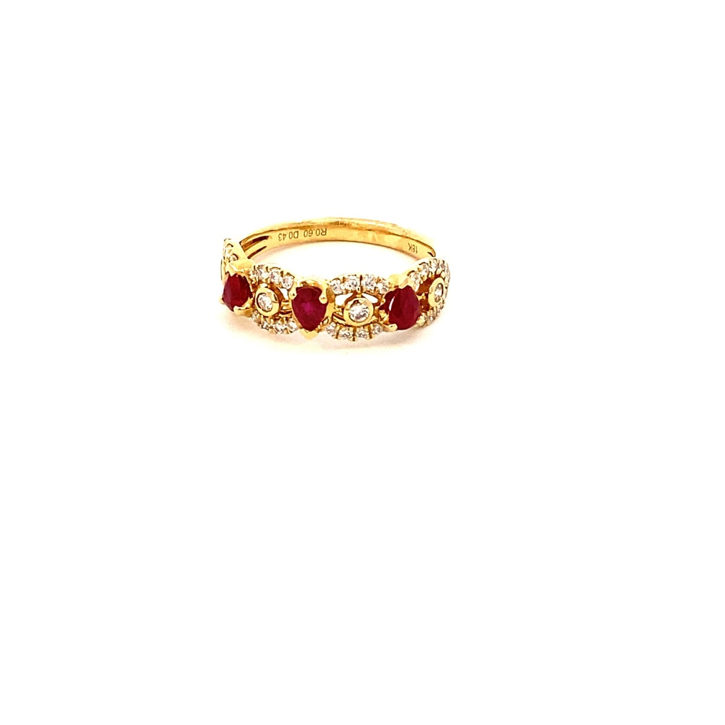 Ring- 18k Yellow Gold with 3 oval rubies and diamond segments - Gaines Jewelers