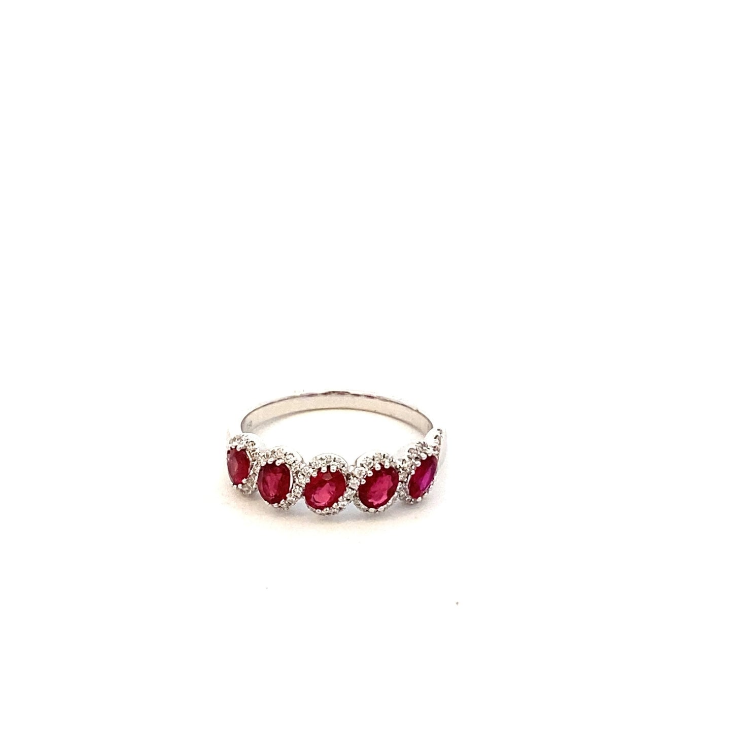 Ring - 5 oval Rubies and diamond halo slant white gold - Gaines Jewelers