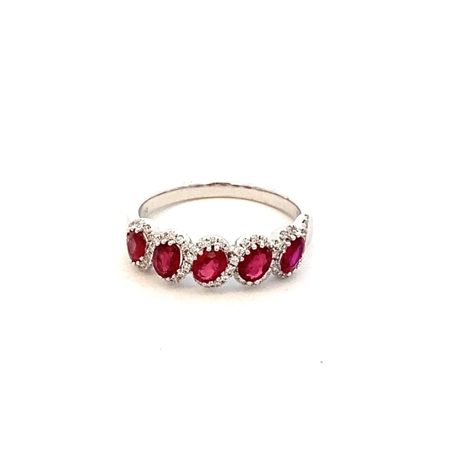 Ring - 5 oval Rubies and diamond halo slant white gold - Gaines Jewelers