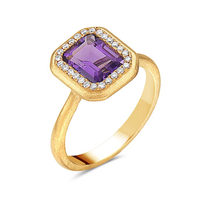 Ring amethyst with diamond halo satin finish - Gaines Jewelers