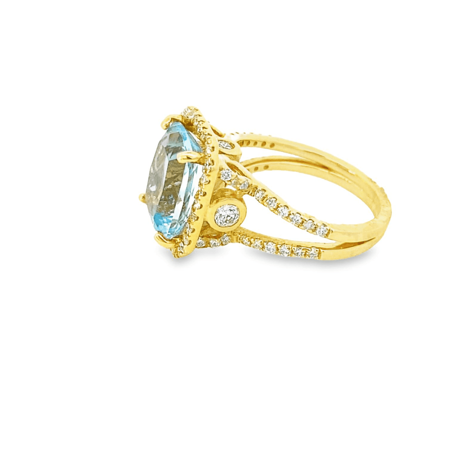 Ring- aquamarine cushion shape with diamond halo - Gaines Jewelers