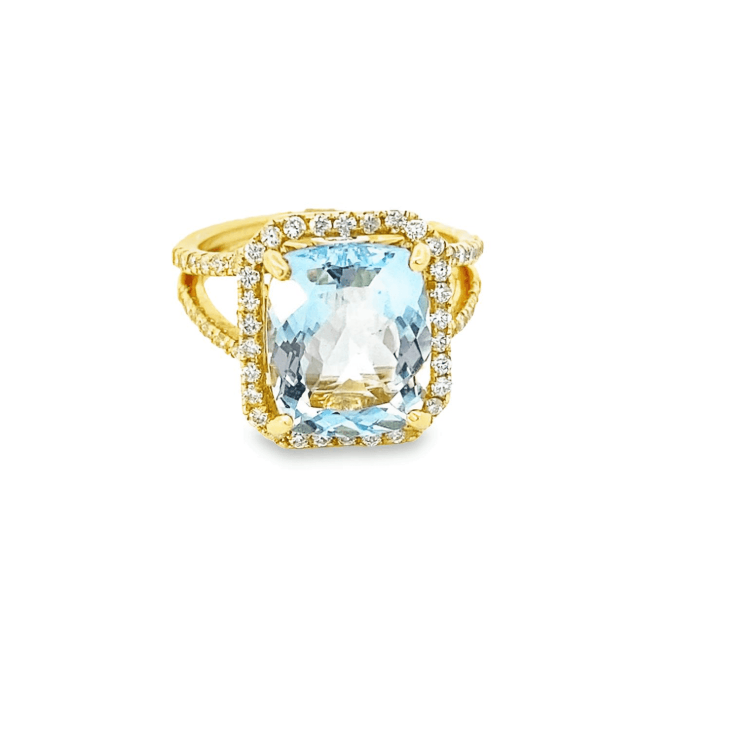 Ring- aquamarine cushion shape with diamond halo - Gaines Jewelers