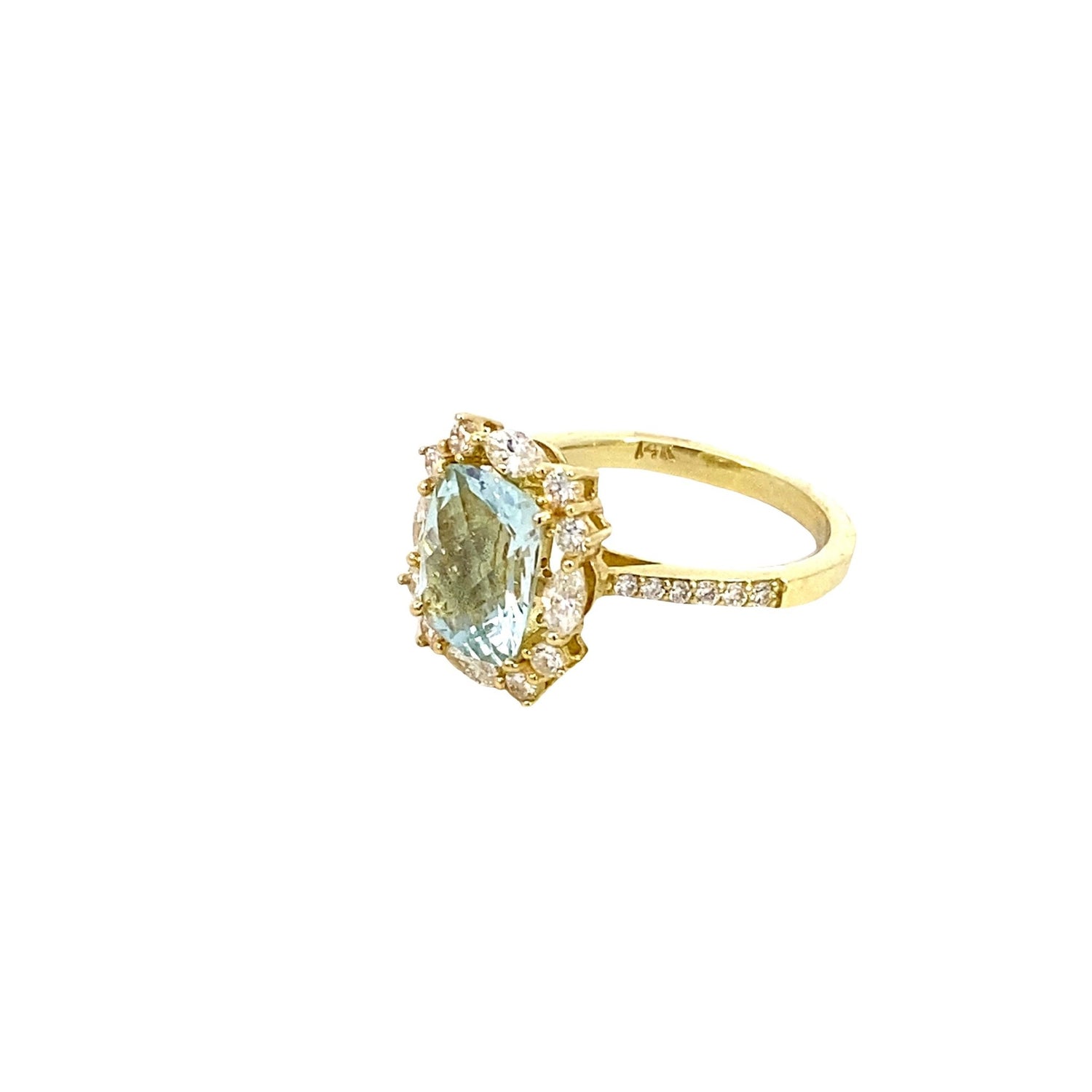 Ring aquamarine dial halo and shank 14kt yellow gold - Gaines Jewelers