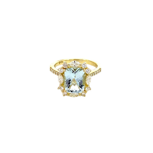 Ring aquamarine dial halo and shank 14kt yellow gold - Gaines Jewelers