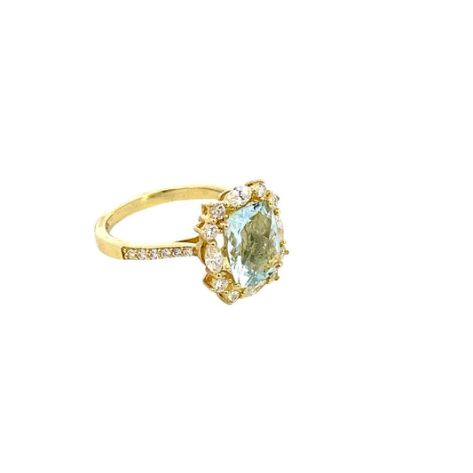 Ring aquamarine dial halo and shank 14kt yellow gold - Gaines Jewelers