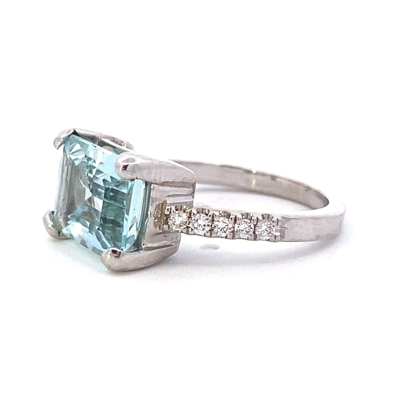 Ring- aquamarine emerald cut diamond shank - Gaines Jewelers