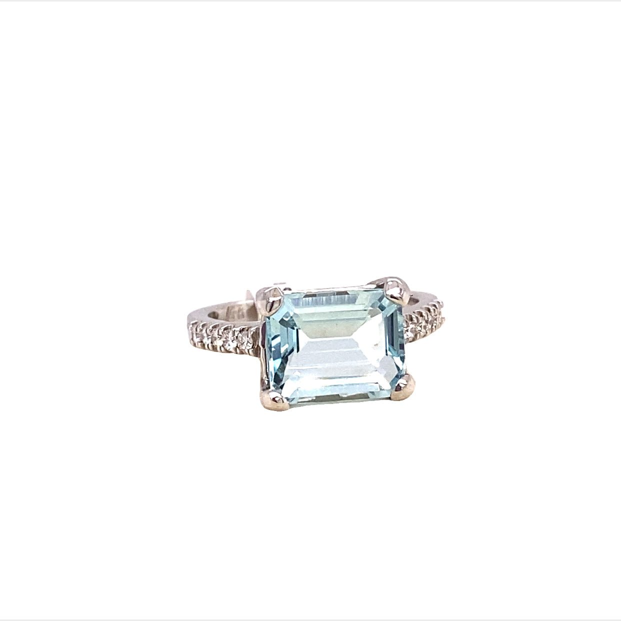 Ring- aquamarine emerald cut diamond shank - Gaines Jewelers