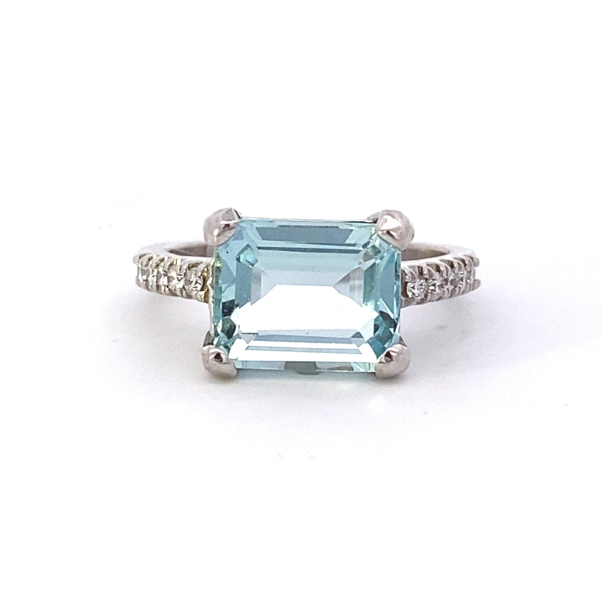 Ring- aquamarine emerald cut diamond shank - Gaines Jewelers