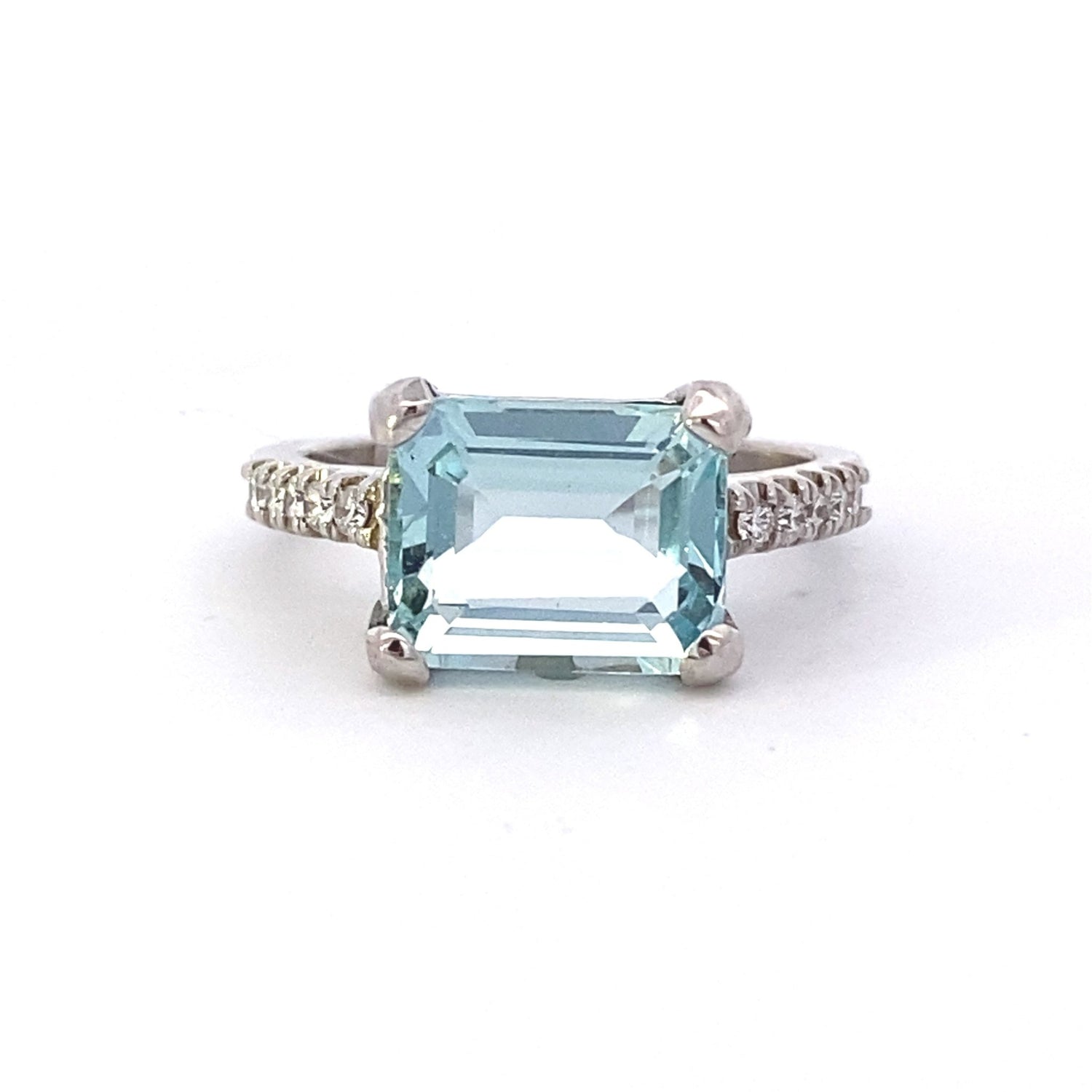 Ring- aquamarine emerald cut diamond shank - Gaines Jewelers