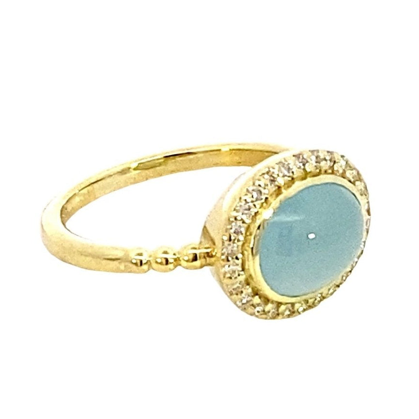 Ring aquamarine oval diamond halo 14kt yellow gold - Gaines Jewelers