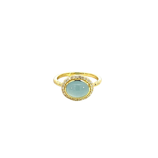 Ring aquamarine oval diamond halo 14kt yellow gold - Gaines Jewelers