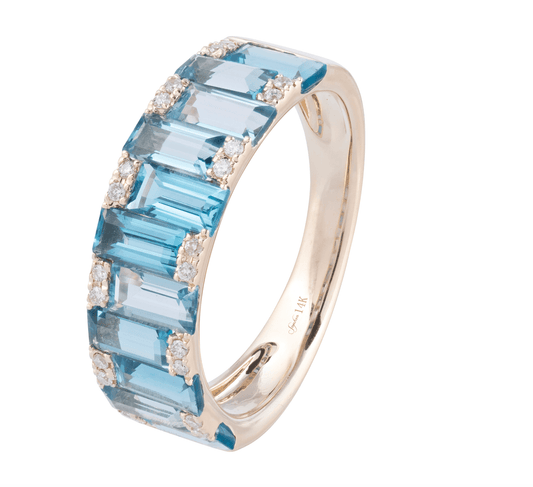 Ring blue topaz accented with tiny diamonds band style 14kt yellow gold - Gaines Jewelers