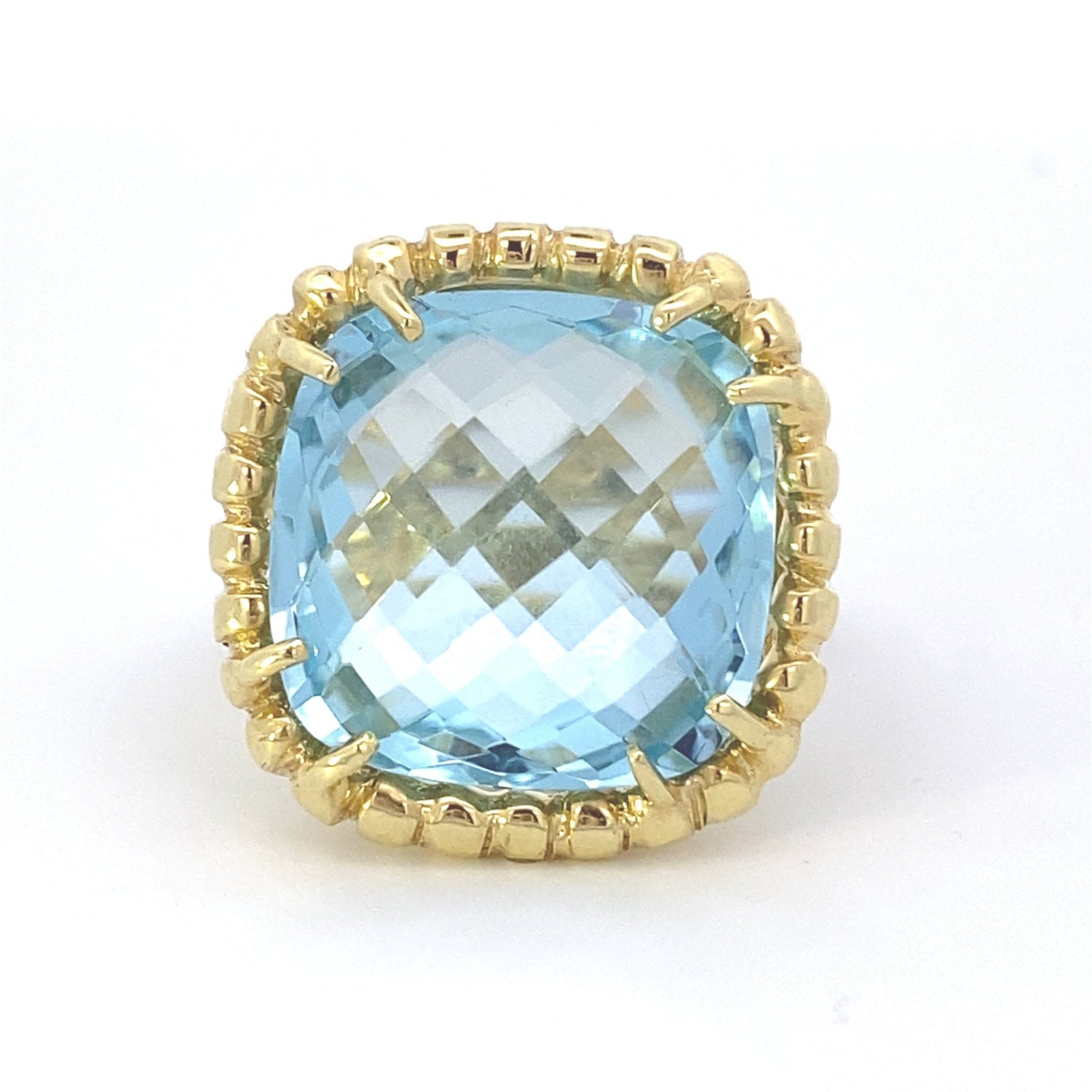 Ring blue topaz cushion with braided halo and shank - Gaines Jewelers