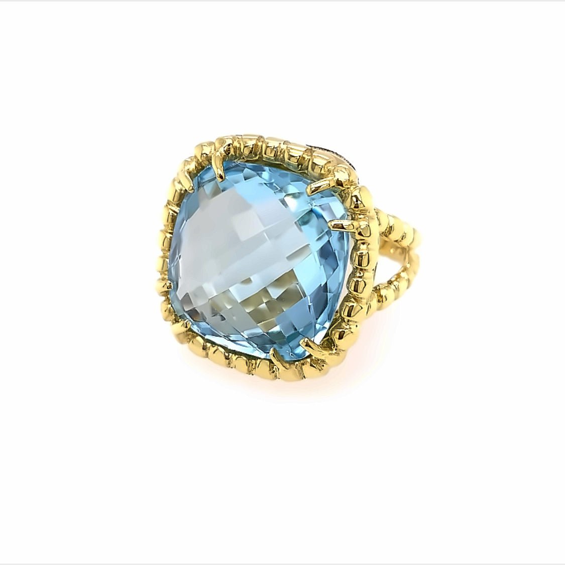 Ring blue topaz cushion with braided halo and shank - Gaines Jewelers